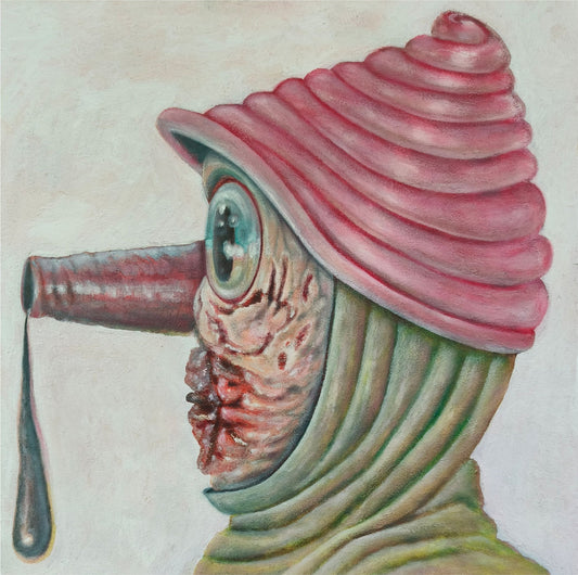 Surrealist painting of an abstract figure wearing a pink, spiraled hat, with a large, protruding eye and a distorted, textured face. The figure’s long, tubular nose ends in a droplet, contrasting with the soft pastel background. This unique artwork is a part of a curated collection of contemporary, avant-garde paintings available for sale online.