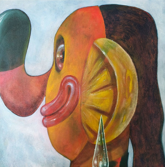 Surrealist painting featuring a stylized, abstract face with exaggerated features, including a large, red, curved nose and lips. The face is divided into vibrant colors, with one side showing a circular, yellow, orange-like structure. The background is a soft gradient of blue and gray, adding contrast to the bold shapes and colors in the foreground